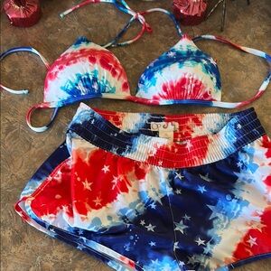 OP Y2K Hot Fearless Red Tie-Dye Bikini Set with Stars